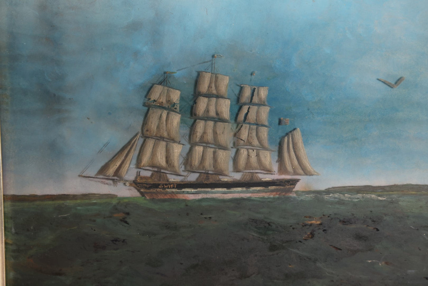 Lot 010 - Antique Nautical Reverse Painting On Glass Of Tall Ship "Swift," Titled "Round The Coast," Dated October 21, 1892, Artist Signed H.M. Jeff, In Frame, 16" x 13"