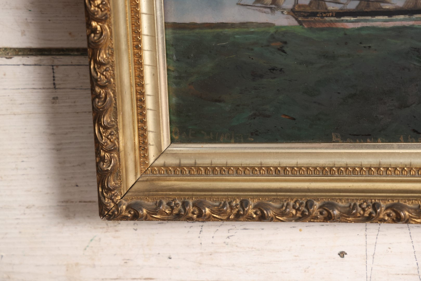 Lot 010 - Antique Nautical Reverse Painting On Glass Of Tall Ship "Swift," Titled "Round The Coast," Dated October 21, 1892, Artist Signed H.M. Jeff, In Frame, 16" x 13"