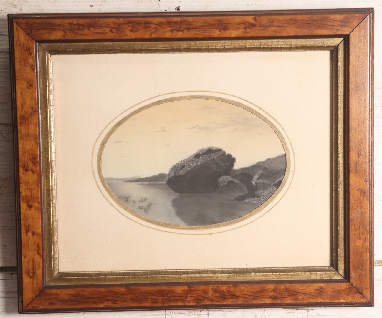 Lot 011 - Antique Nautical Pastel Painting In Frame Of A Large Rock In The Ocean, With Custom Cut Mat, 10-1/4" x 12-1/4"