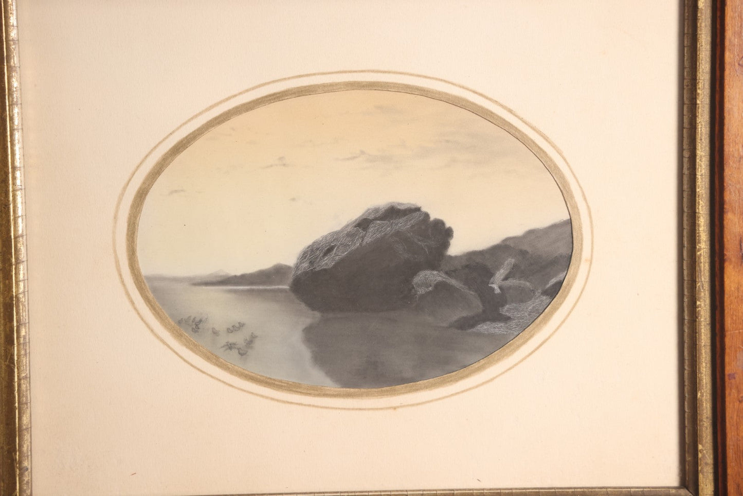 Lot 011 - Antique Nautical Pastel Painting In Frame Of A Large Rock In The Ocean, With Custom Cut Mat, 10-1/4" x 12-1/4"