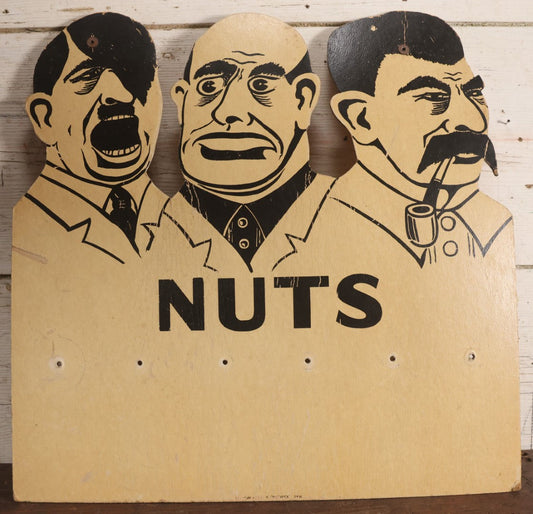 Lot 012 - Vintage World War II Era Die Cut Store Counter Display Mocking Hitler, Mussolini, And Stalin, Titled "Nuts," Manufactured By Oliver Chadwick, 1940, 22-1/4" x 22"