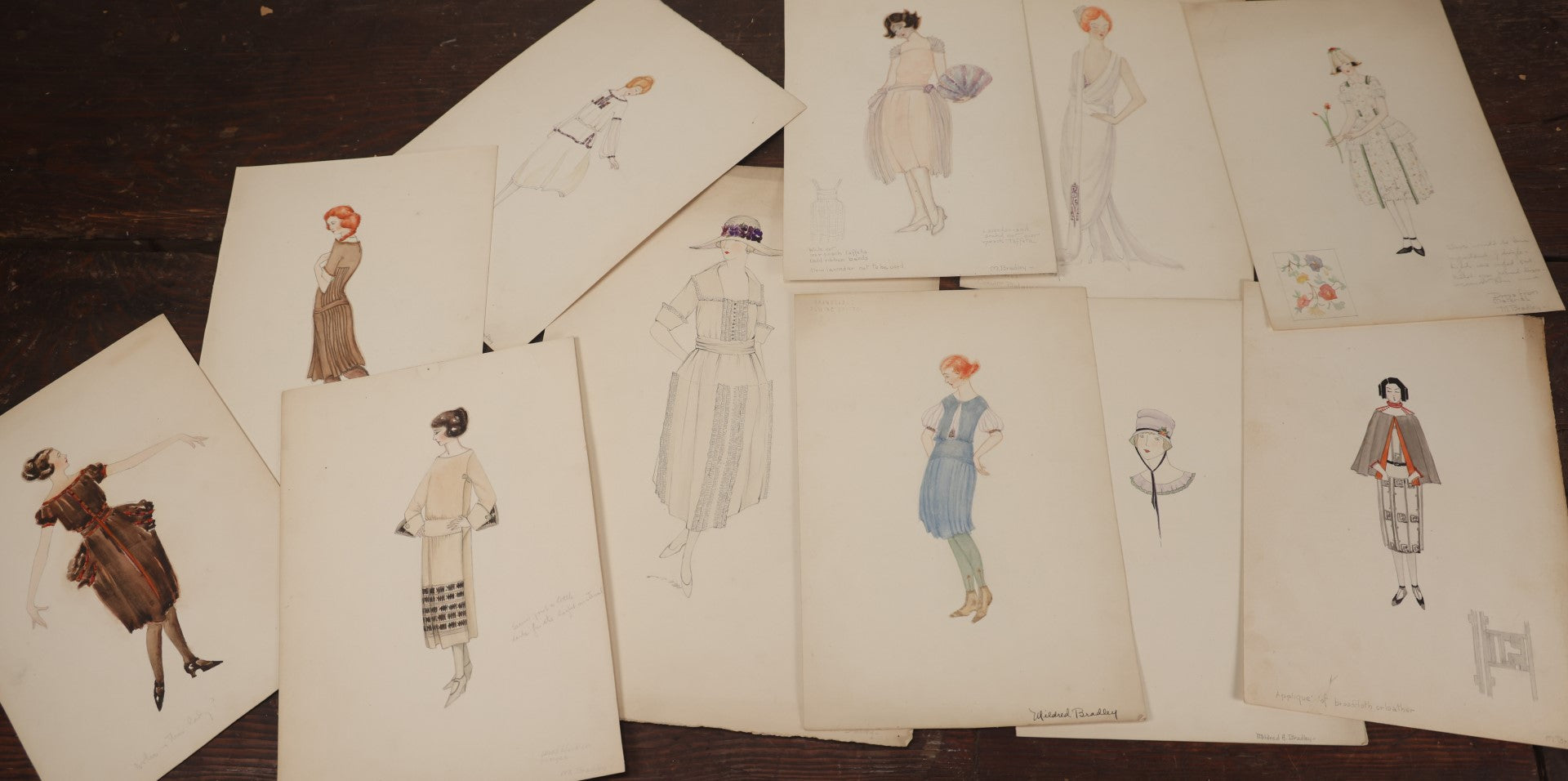 Lot 014 - Grouping Of 11 Antique Hand Drawn, Hand Colored Pencil Drawings Of Women's Fashion, Signed Mildred Bradley, Marked Bainbridge Drawing Bristol, Teacher's College