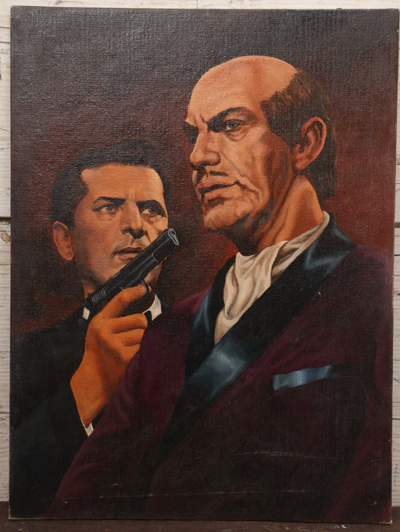 Lot 028 - Actors Steven Hill And Martin Landau As Dan Briggs And A South American Dictator In "Mission: Impossible" (1966) Original Painting On Board, Artist Signed By Brian K. Hamilton, Dated 1968, 12" x 16"