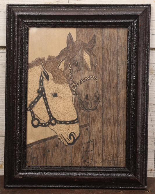 Lot 032 - Vintage Pen And Ink Drawing In Frame Of Horses In A Stable, Artist Signed, Dated 1933, Milford, Massachusetts, 9-3/4" x 12-1/2"