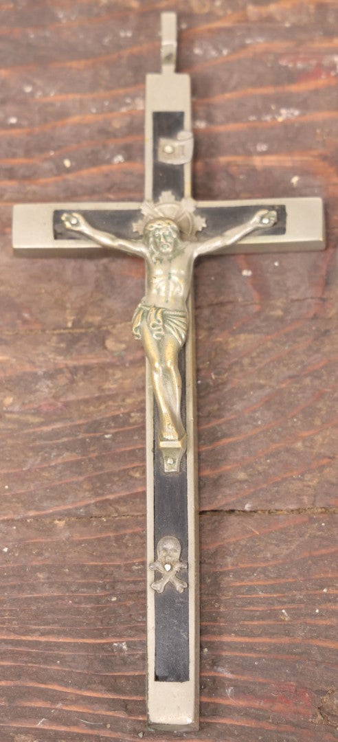 Lot 038 - Antique Ebonized Wood And Metal Pectoral Crucifix With Skull And Crossbones At Jesus' Feet, Marked Germany, Cross Measures Approximately 6"