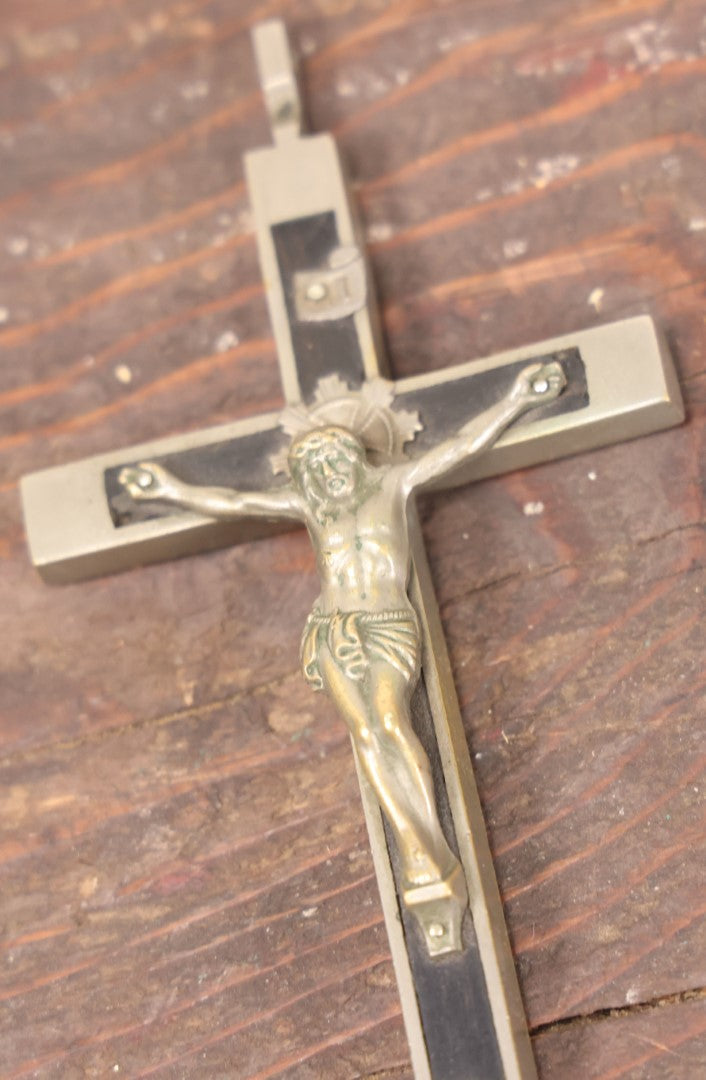 Lot 038 - Antique Ebonized Wood And Metal Pectoral Crucifix With Skull And Crossbones At Jesus' Feet, Marked Germany, Cross Measures Approximately 6"