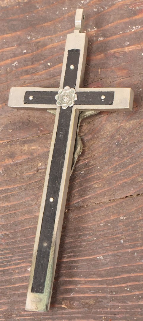 Lot 038 - Antique Ebonized Wood And Metal Pectoral Crucifix With Skull And Crossbones At Jesus' Feet, Marked Germany, Cross Measures Approximately 6"