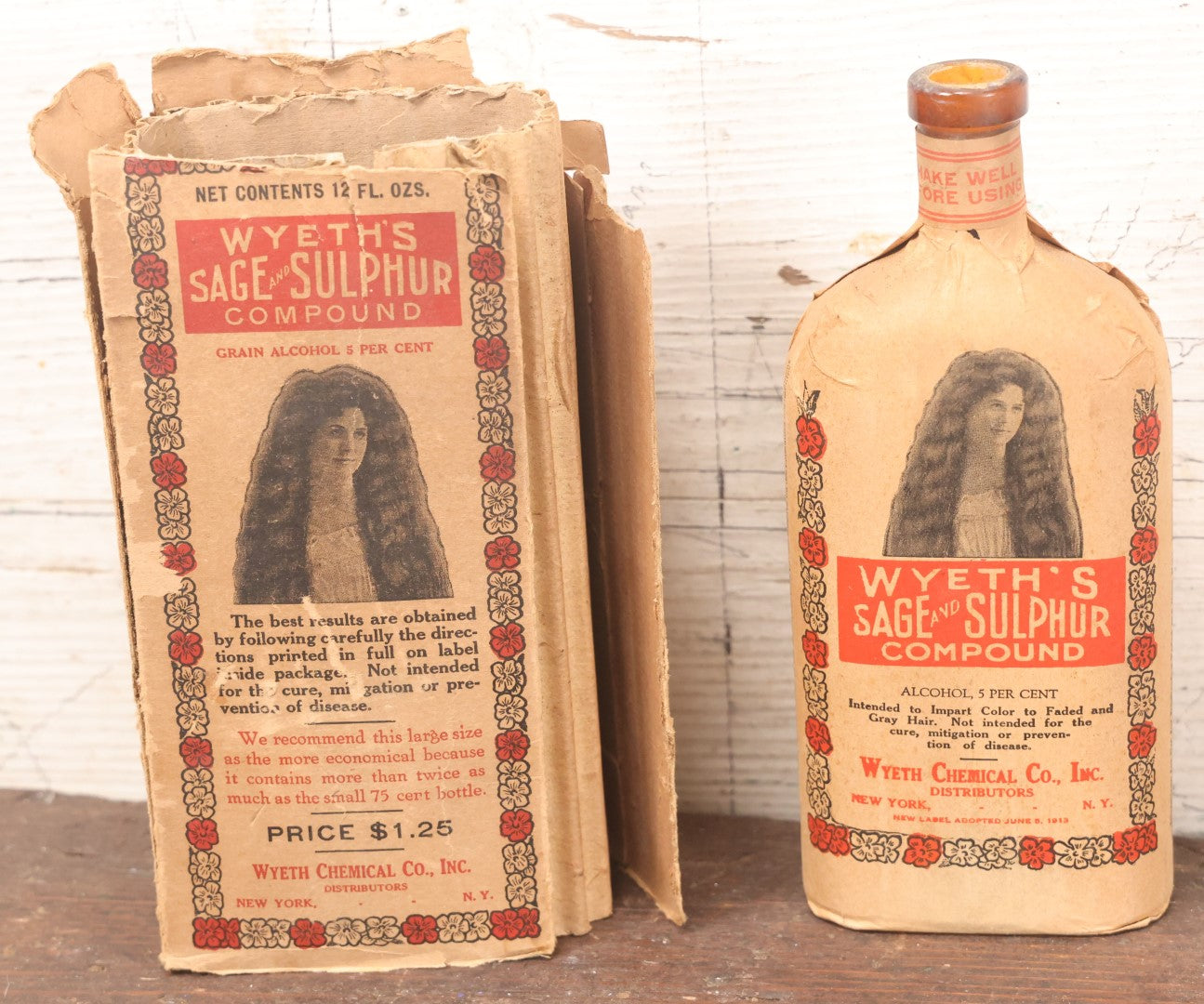 Lot 039 - Antique Wyeth's Sage And Sulfur Compound Hair Dye Bottle With Original Paper Label And Remnants Of Original Box, Wyeth Chemical Company, New York, New York