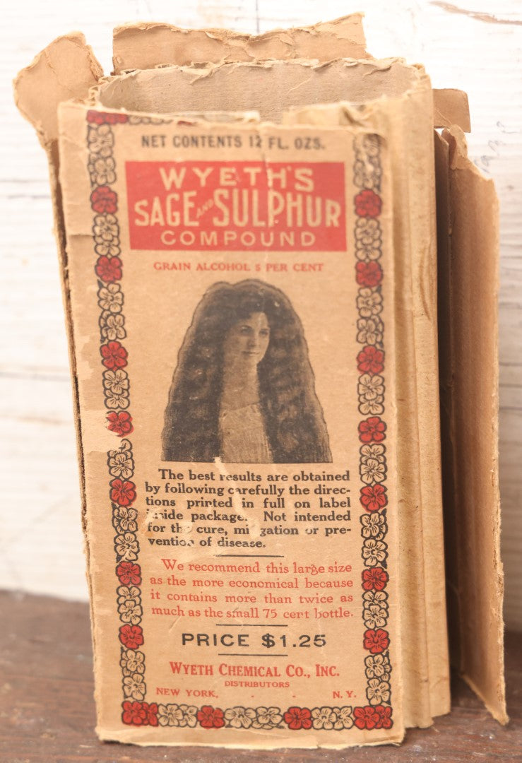 Lot 039 - Antique Wyeth's Sage And Sulfur Compound Hair Dye Bottle With Original Paper Label And Remnants Of Original Box, Wyeth Chemical Company, New York, New York