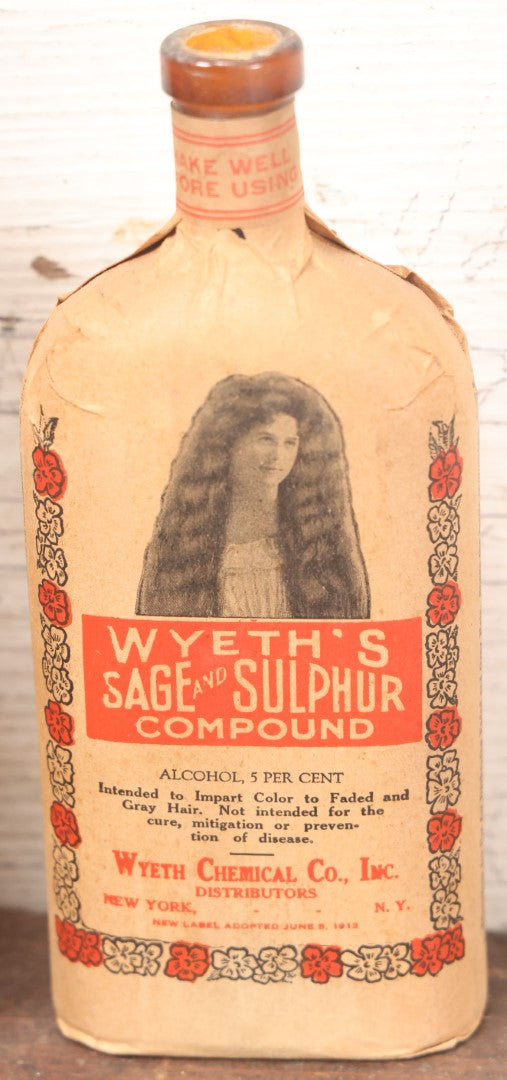 Lot 039 - Antique Wyeth's Sage And Sulfur Compound Hair Dye Bottle With Original Paper Label And Remnants Of Original Box, Wyeth Chemical Company, New York, New York