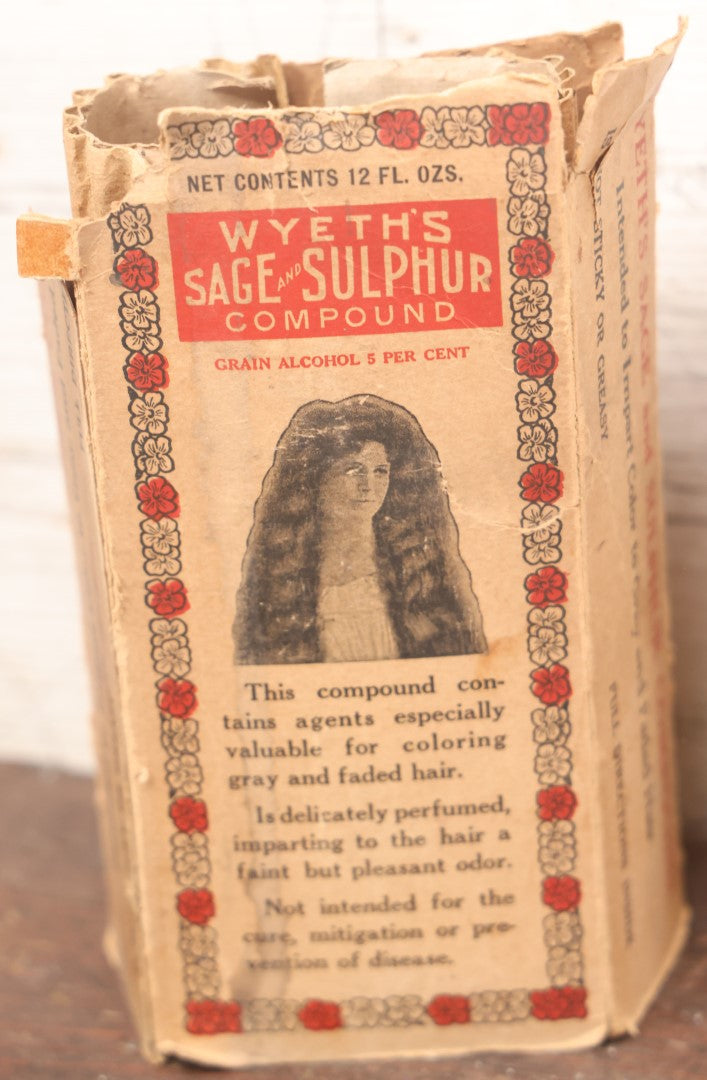 Lot 039 - Antique Wyeth's Sage And Sulfur Compound Hair Dye Bottle With Original Paper Label And Remnants Of Original Box, Wyeth Chemical Company, New York, New York