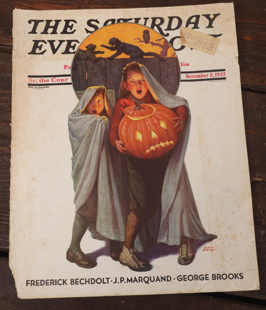 Lot 042 - Halloween Edition Saturday Evening Post From November 2, 1935 With Children And Jack-O-Lantern, Black Cats On Cover, Illustrated By Frederic Stanley, Note Wear