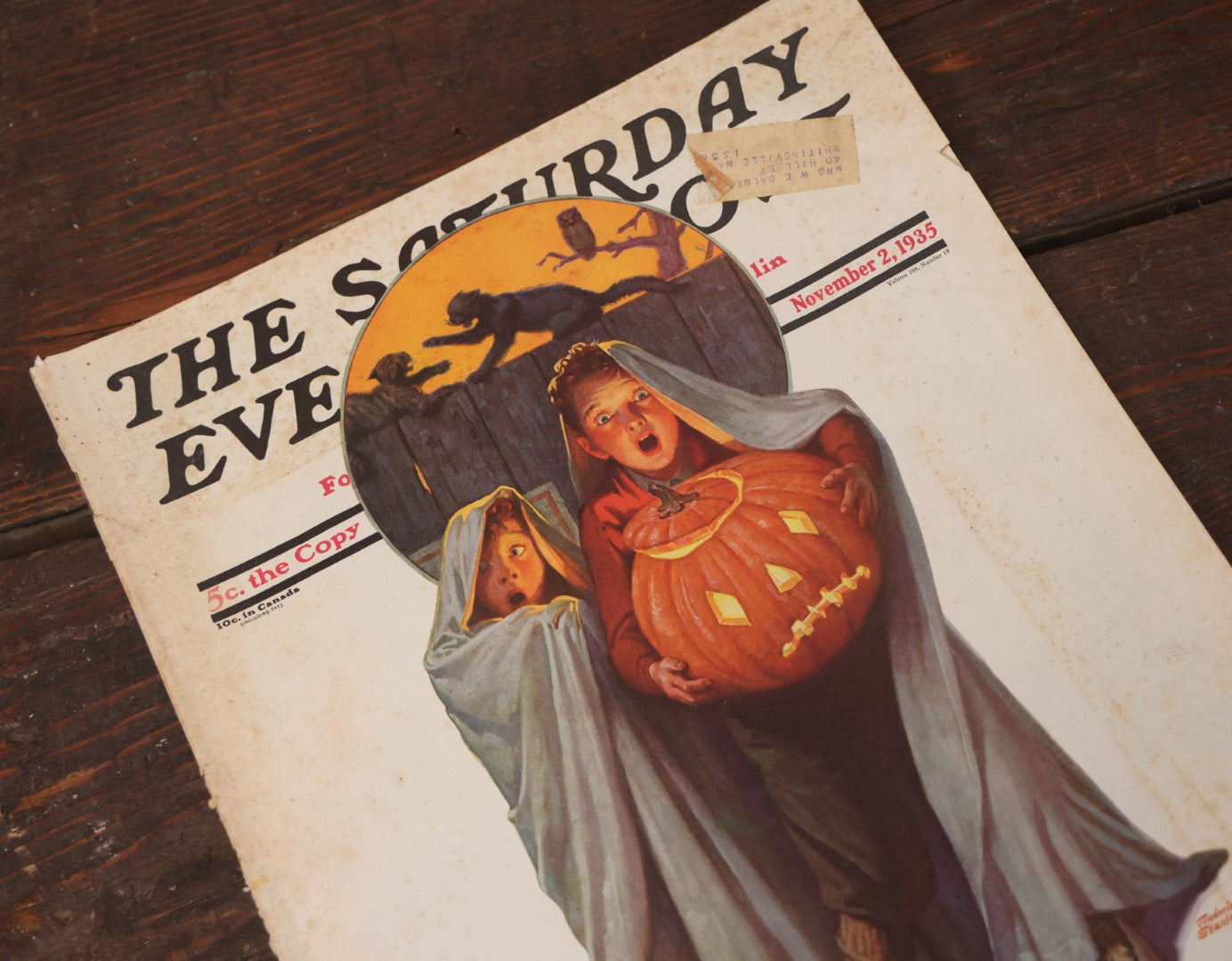 Lot 042 - Halloween Edition Saturday Evening Post From November 2, 1935 With Children And Jack-O-Lantern, Black Cats On Cover, Illustrated By Frederic Stanley, Note Wear