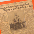 Lot 044 - Vintage Newspaper Clipping Mounted On Board Regarding The Mystery Of The Old Leather Man, Northeastern Vagabond Folk Figure, Hartford Daily Courant, March 25, 1935