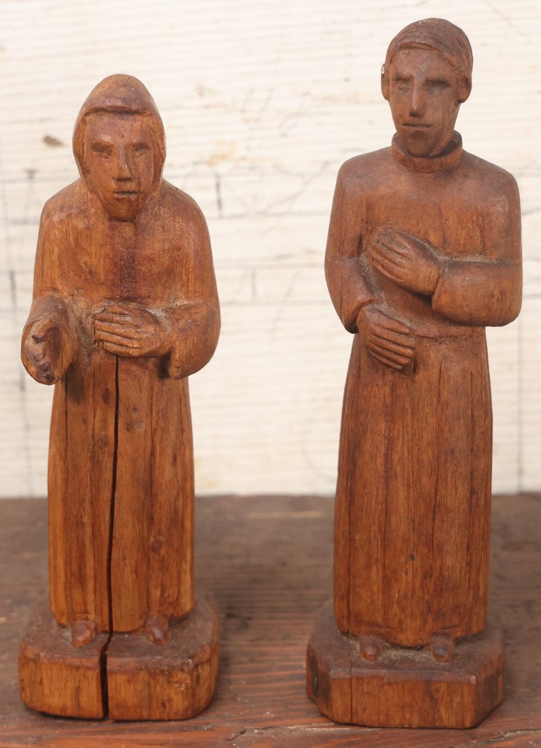 Lot 045 - Pair Of Vintage Folk Art Hand Carved Wooden Religious Priest Statues