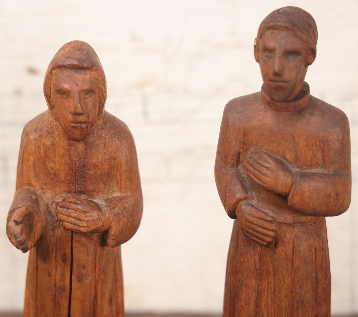 Lot 045 - Pair Of Vintage Folk Art Hand Carved Wooden Religious Priest Statues