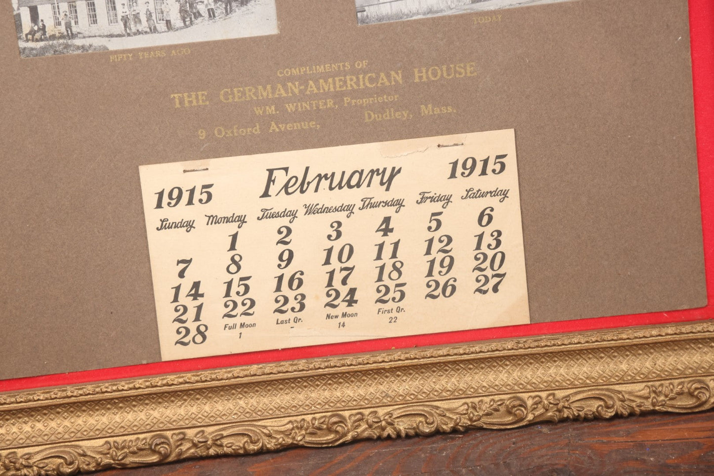 Lot 046 - Antique 1915 Advertising Calendar From The German American House, Dudley, Massachusetts, In Frame, With 1916 Penny