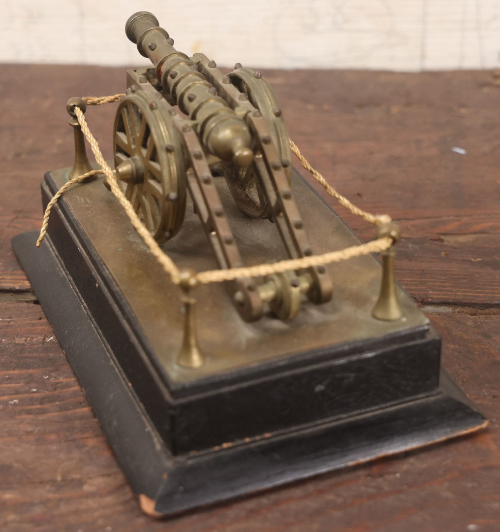 Lot 047 - Vintage Brass Metal Canon Miniature Display On Wooden Base With Rope Surround