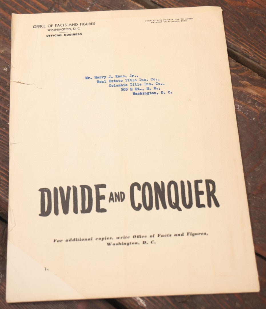 Lot 052 - "Divide And Conquer" Vintage Anti-Axis Propaganda Magazine Published By The Office Of Facts And Figures, Washington, D.C., U.S. Government Printing Office, 1942