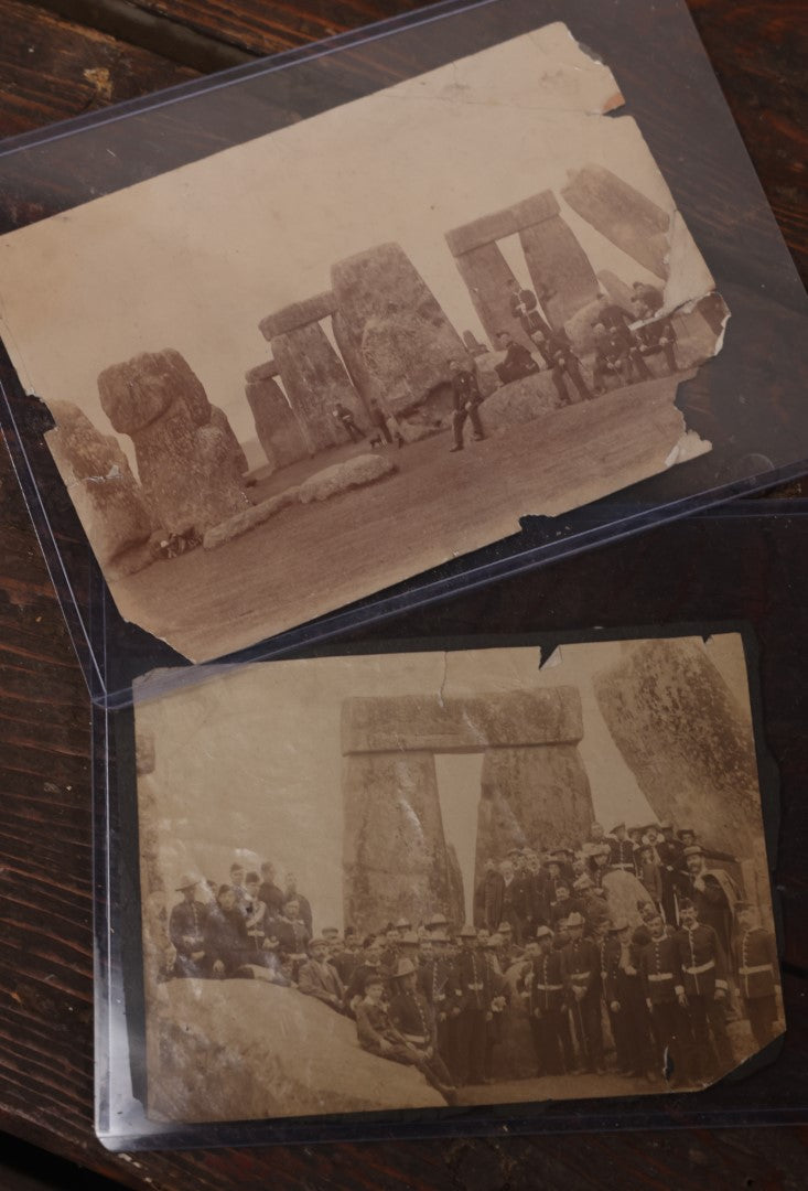 Lot 058 - Pair Of Antique Snap Shot Photos Of Men In Uniform Posing In And Around Stonehenge, England, Note Wear And Tear