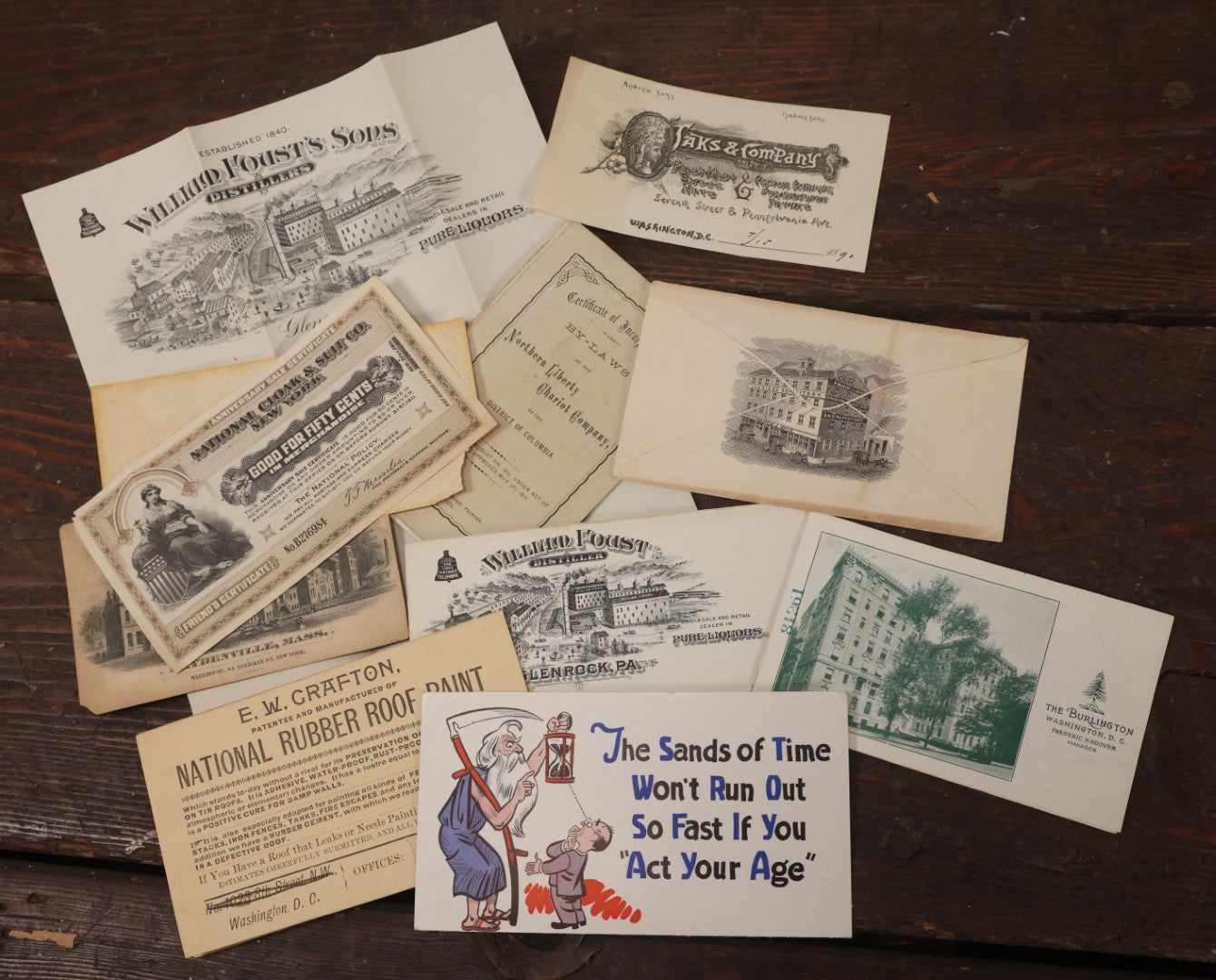 Lot 060 - Grouping Of Ten Pieces Of Assorted Ephemera With Advertisements, Billheads, Etc., Including From William Foust's Sons Distillers Of Pure Liquors