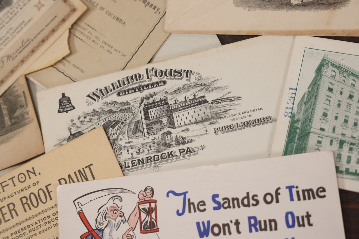 Lot 060 - Grouping Of Ten Pieces Of Assorted Ephemera With Advertisements, Billheads, Etc., Including From William Foust's Sons Distillers Of Pure Liquors