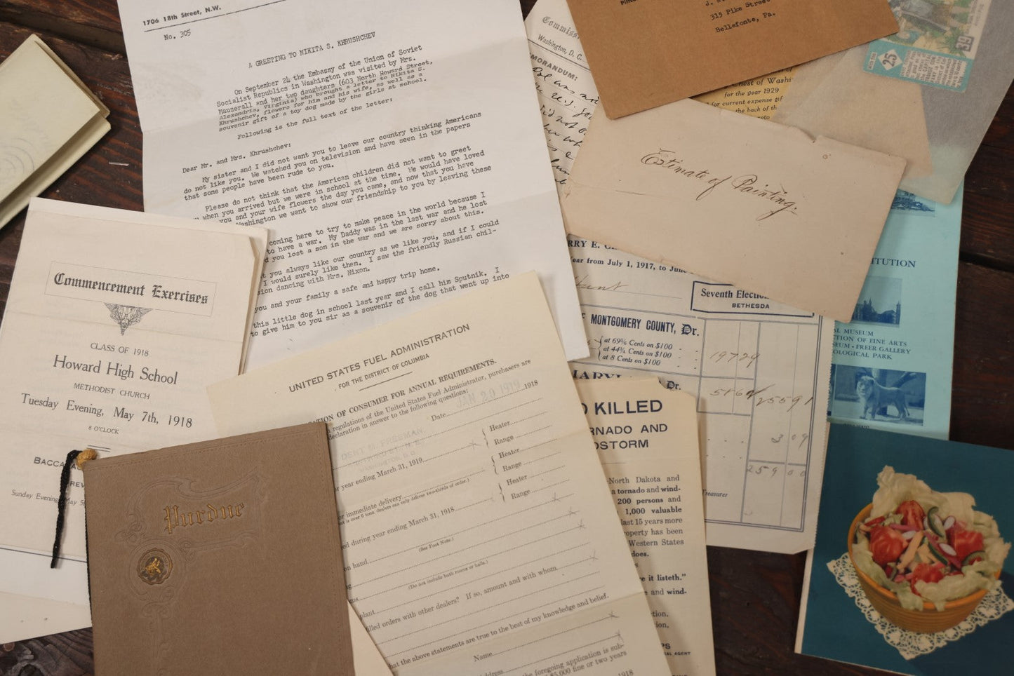 Lot 061 - Grouping Of 10+ Pieces Of Assorted Ephemera, Mostly Relating To Washington, D.C., Insurance Brokers, Including Mail From Nixon-Agnew Lawyers, 1879 Certificate From U.S. Supreme Court, Memorial Service For Marjorie Post, Harry Truman Note