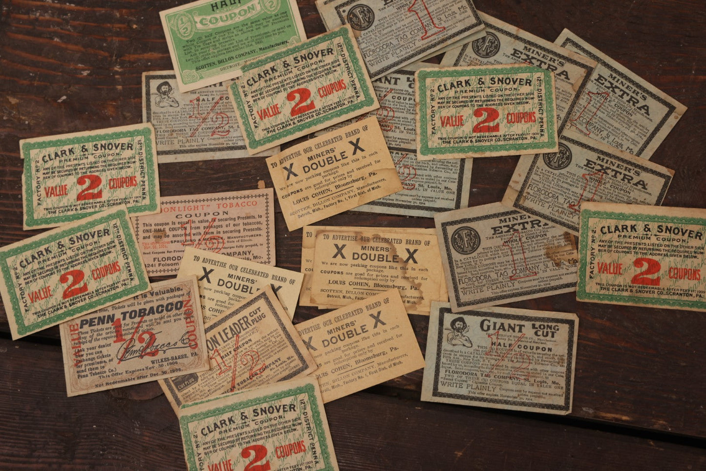 Lot 064 - Grouping Of 20+ Vintage And Antique Tobacco Premium Coupons, Including From Giant Long Cut, Miner's Double, And Clark & Snover