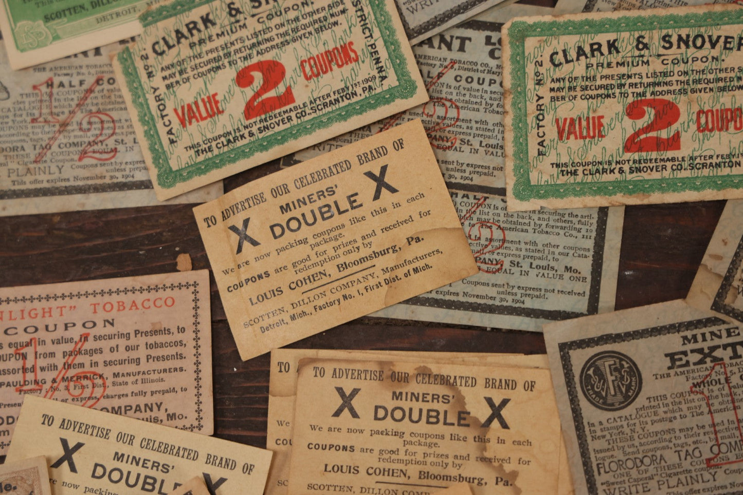 Lot 064 - Grouping Of 20+ Vintage And Antique Tobacco Premium Coupons, Including From Giant Long Cut, Miner's Double, And Clark & Snover