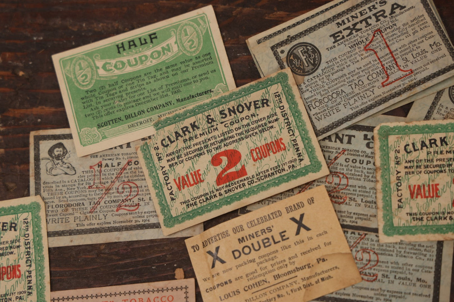 Lot 064 - Grouping Of 20+ Vintage And Antique Tobacco Premium Coupons, Including From Giant Long Cut, Miner's Double, And Clark & Snover