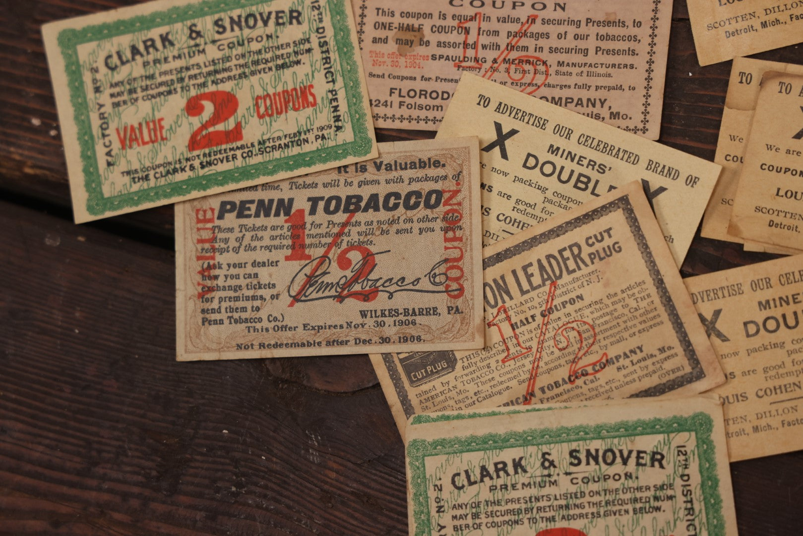 Lot 064 - Grouping Of 20+ Vintage And Antique Tobacco Premium Coupons, Including From Giant Long Cut, Miner's Double, And Clark & Snover