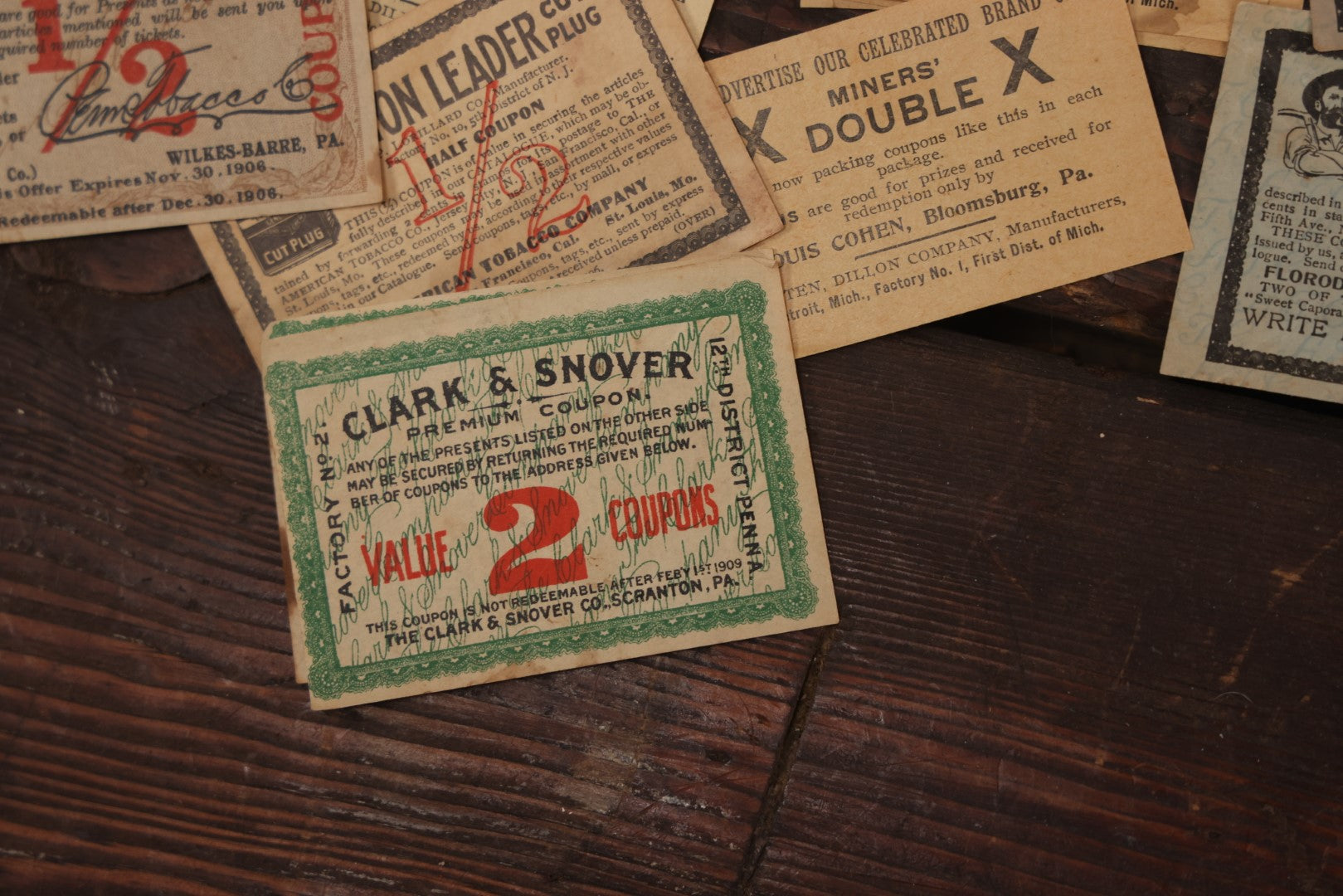 Lot 064 - Grouping Of 20+ Vintage And Antique Tobacco Premium Coupons, Including From Giant Long Cut, Miner's Double, And Clark & Snover