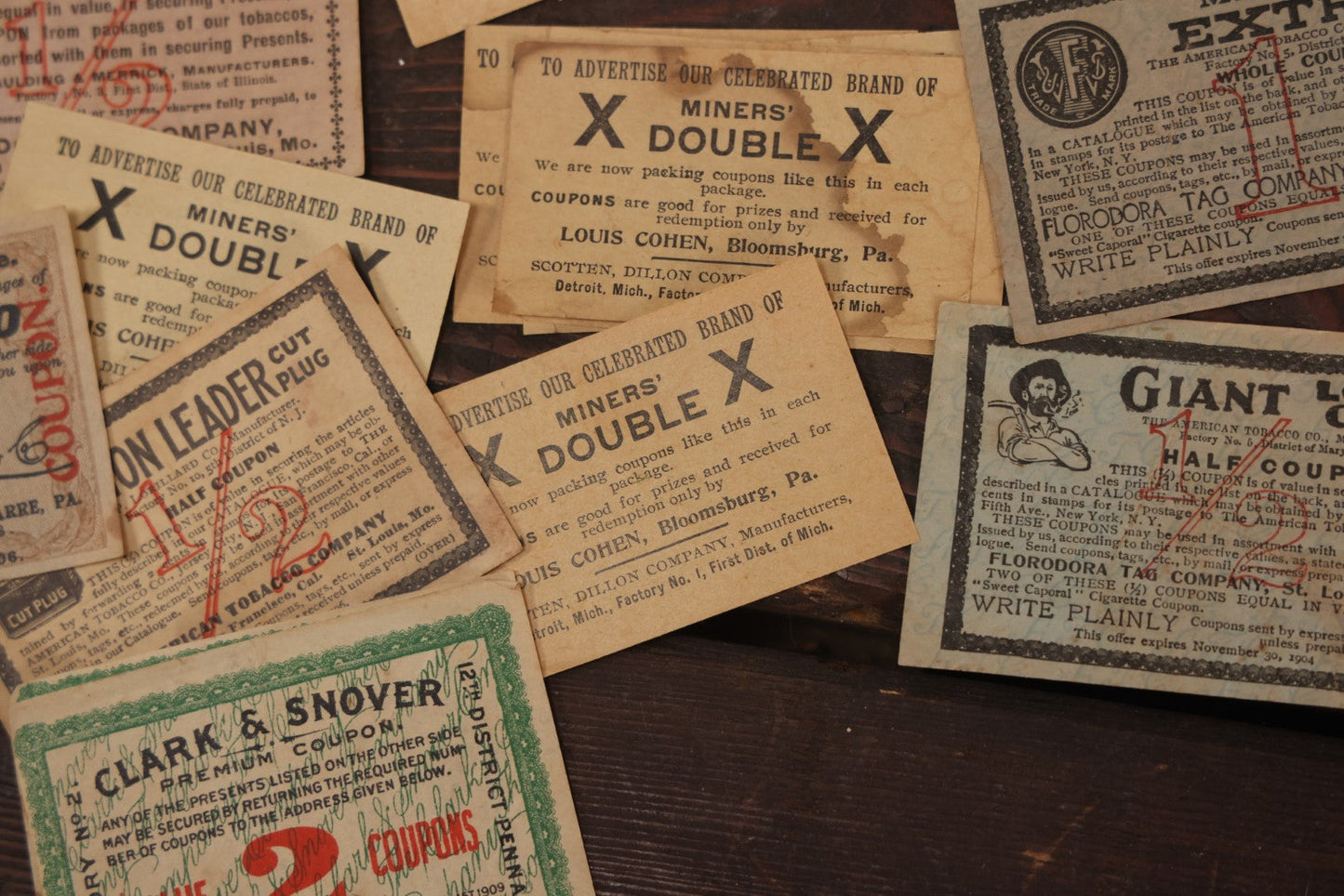 Lot 064 - Grouping Of 20+ Vintage And Antique Tobacco Premium Coupons, Including From Giant Long Cut, Miner's Double, And Clark & Snover