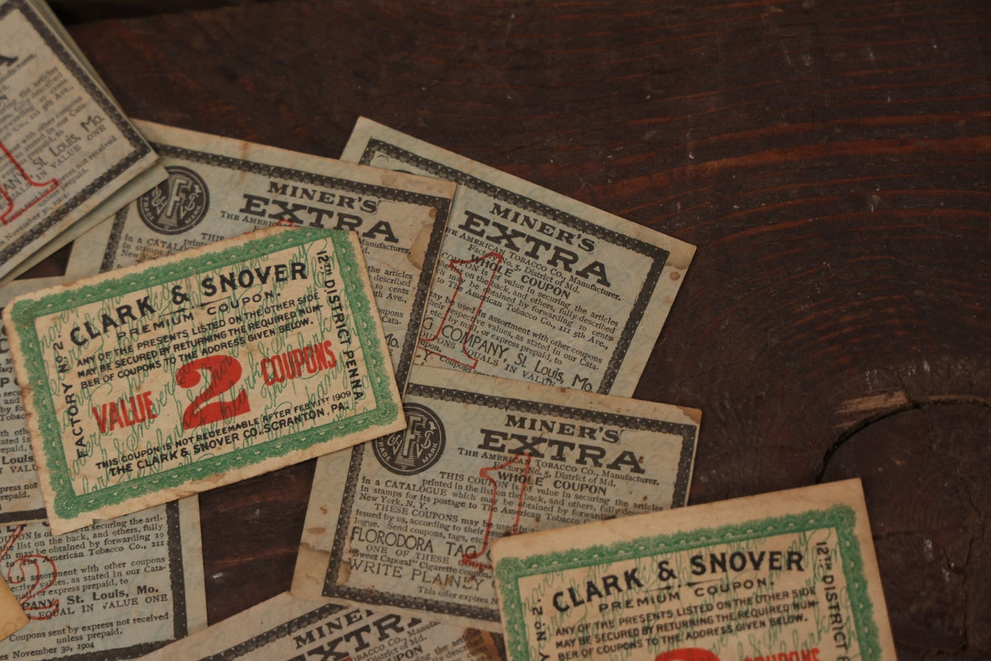 Lot 064 - Grouping Of 20+ Vintage And Antique Tobacco Premium Coupons, Including From Giant Long Cut, Miner's Double, And Clark & Snover