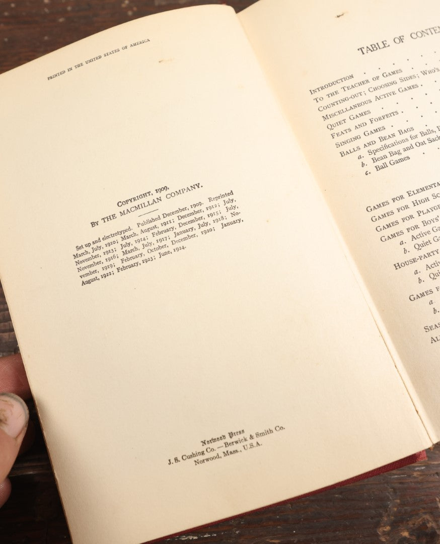 Lot 074 - "Games For The Playground, Home, School And Gymnasium" Antique Book By Jessie H. Bancroft, Copyright 1924, The Macmillan Company, New York, Illustrated