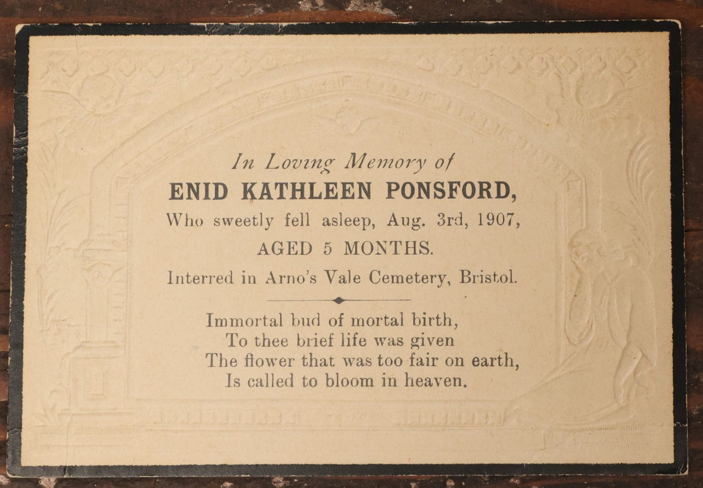 Lot 083 - Antique Mourning Memorial Embossed Card, In Loving Memory Of Enid Kathleen Ponsford, Died August 3Rd, 1907, Aged 5 Months, Interred In Arno's Vale Cemetery, Bristol