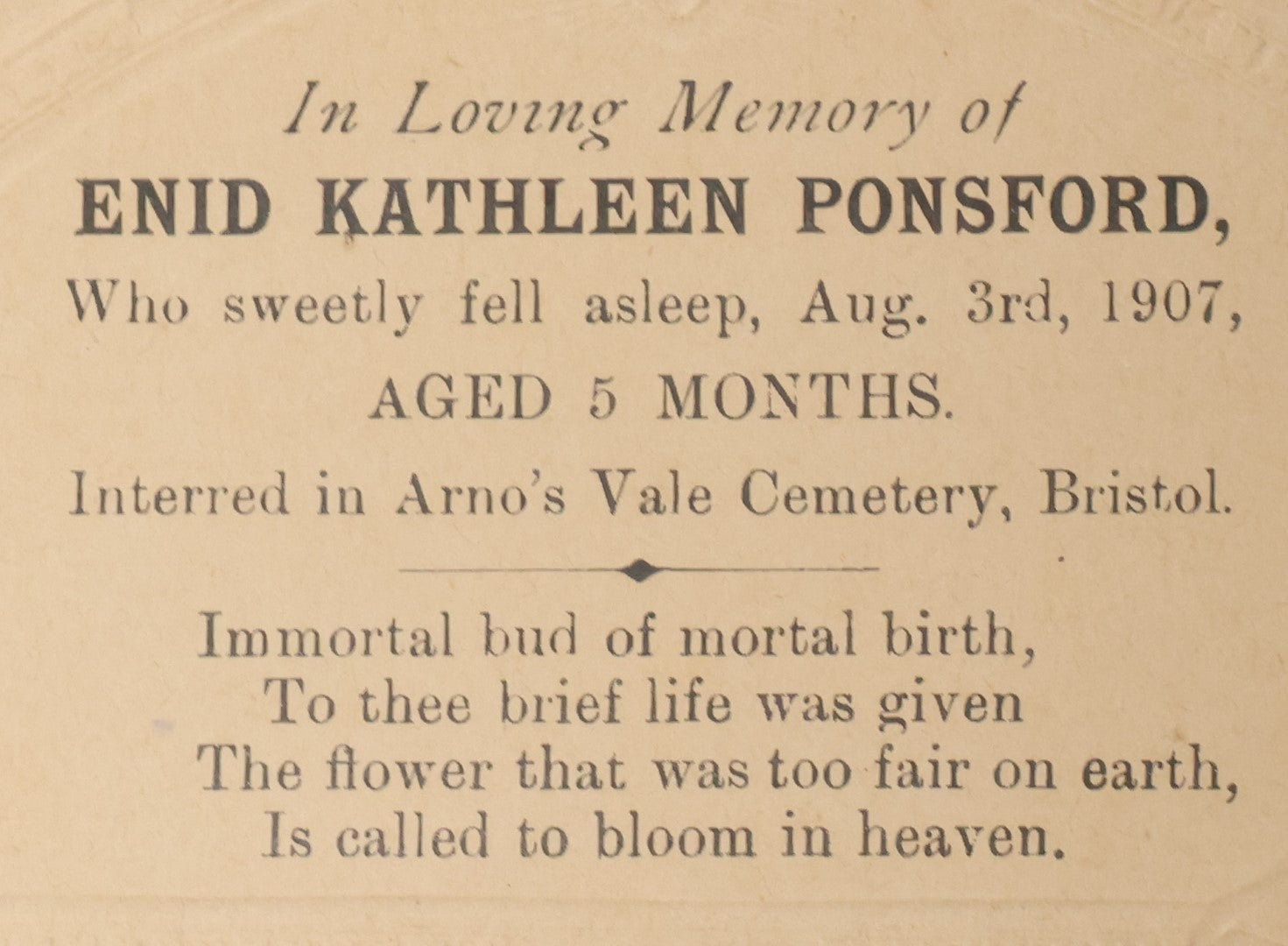 Lot 083 - Antique Mourning Memorial Embossed Card, In Loving Memory Of Enid Kathleen Ponsford, Died August 3Rd, 1907, Aged 5 Months, Interred In Arno's Vale Cemetery, Bristol