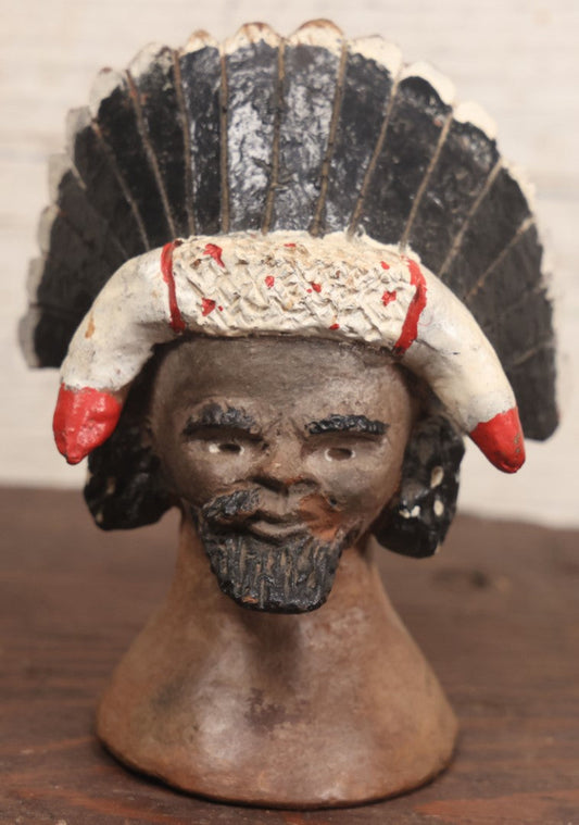 Lot 088 - Unusual Vintage Redware Clay Sculpture Bust Of A Man In A Headdress With Horn Ornament, Unsigned, Unknown Maker