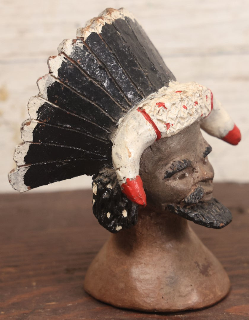 Lot 088 - Unusual Vintage Redware Clay Sculpture Bust Of A Man In A Headdress With Horn Ornament, Unsigned, Unknown Maker