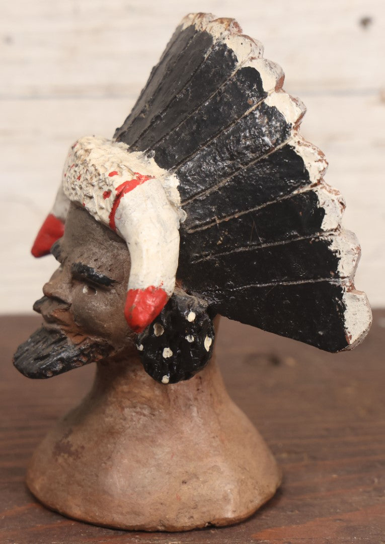 Lot 088 - Unusual Vintage Redware Clay Sculpture Bust Of A Man In A Headdress With Horn Ornament, Unsigned, Unknown Maker