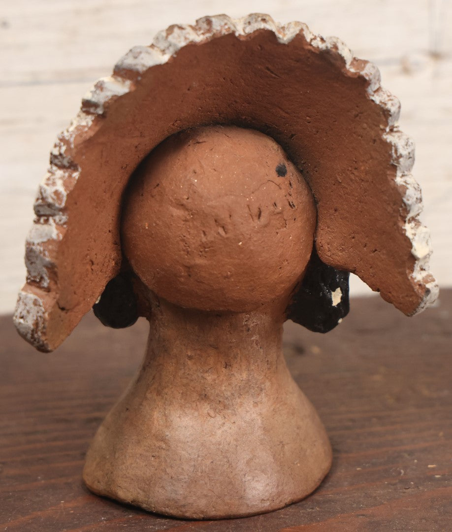 Lot 088 - Unusual Vintage Redware Clay Sculpture Bust Of A Man In A Headdress With Horn Ornament, Unsigned, Unknown Maker