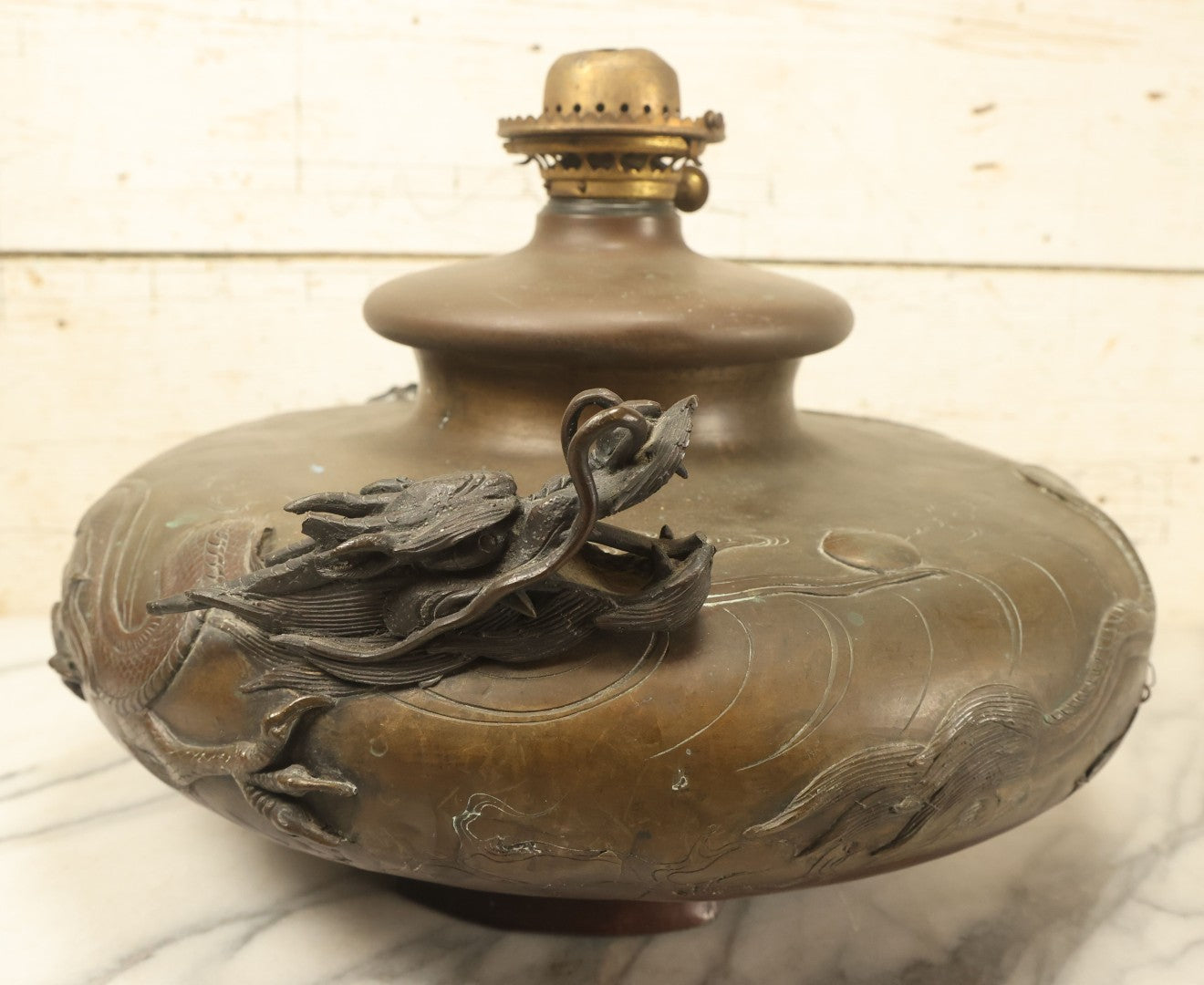 Lot 001 - Antique Chinese Kerosene Lamp Base With Detailed Dragon Motif, Note Large Crack, Various Damage