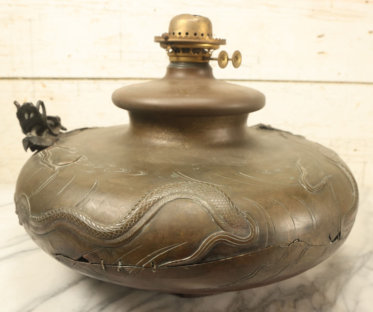 Lot 001 - Antique Chinese Kerosene Lamp Base With Detailed Dragon Motif, Note Large Crack, Various Damage