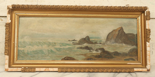 Lot 003 - Antique Seascape Nautical Painting On Board In Gilded Gesso Frame, Waves Crashing On Rocks, Shore, Note Significant Gesso Loss, 10-5/8" x 23-1/2"