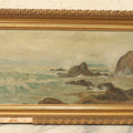 Lot 003 - Antique Seascape Nautical Painting On Board In Gilded Gesso Frame, Waves Crashing On Rocks, Shore, Note Significant Gesso Loss, 10-5/8" x 23-1/2"
