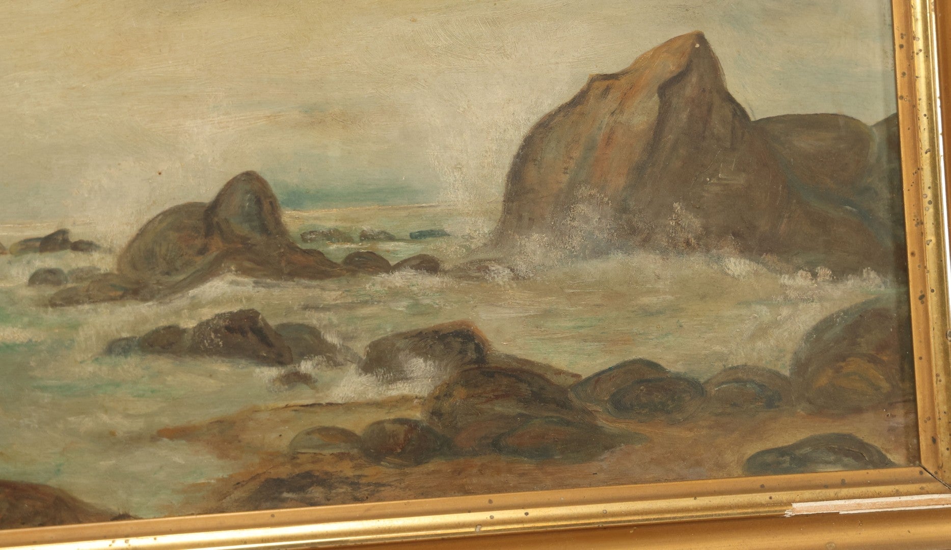 Lot 003 - Antique Seascape Nautical Painting On Board In Gilded Gesso Frame, Waves Crashing On Rocks, Shore, Note Significant Gesso Loss, 10-5/8" x 23-1/2"