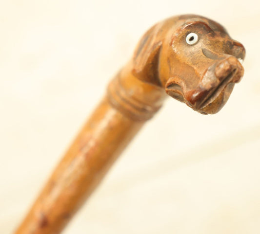 Lot 006 - Antique Carved Wooden Dog Head Umbrella Handle Cane With Glass Eyes, No Umbrella, Usable As Cane, 37" Long