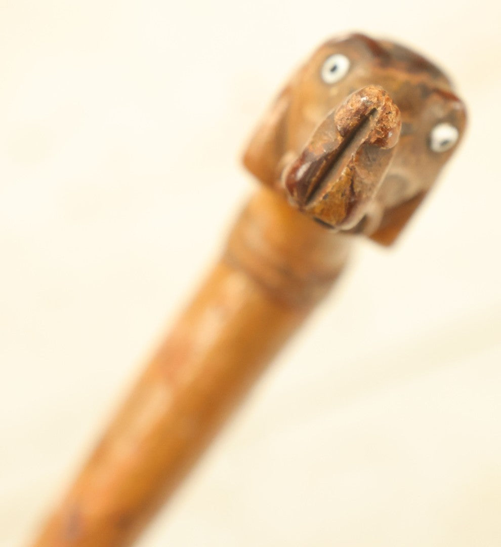 Lot 006 - Antique Carved Wooden Dog Head Umbrella Handle Cane With Glass Eyes, No Umbrella, Usable As Cane, 37" Long