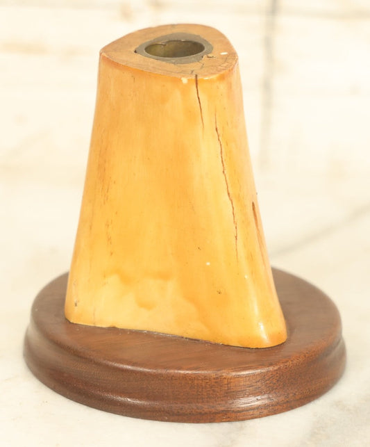 Lot 022 - Antique Animal Bone Inkwell Pen Stand With Wooden Base And Brass Insert, No Cap