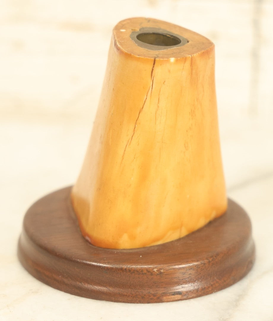 Lot 022 - Antique Animal Bone Inkwell Pen Stand With Wooden Base And Brass Insert, No Cap